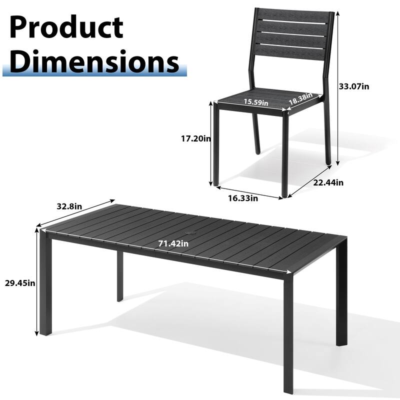 7-Piece Outdoor Patio Dining Set Wood Like Table Top Aluminum Rectangular Umbrella Hole Table with Stackable Chairs