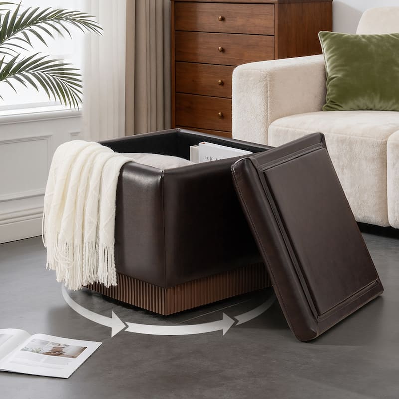 Swivel Storage Ottoman Bench Footstool with Flip-top and Acacia Frame