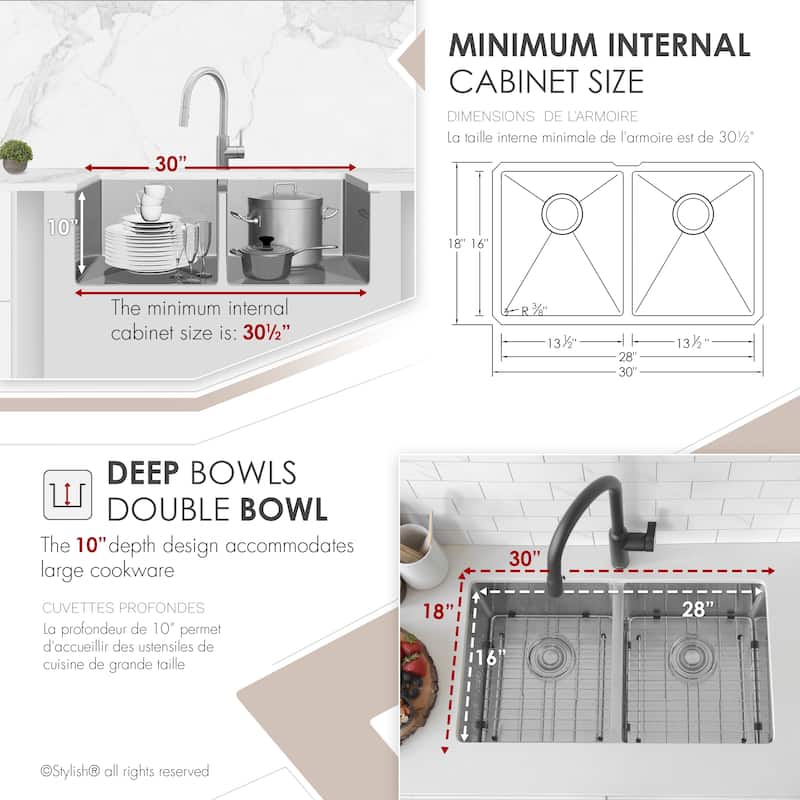 Undermount 30" Stainless Steel Double-Bowl Kitchen Sink Handmade - 30" x 18" x 10"