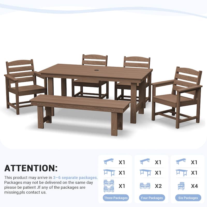 6-Piece HDPE Outdoor Dining Table Sets with Umbrella Hole - 1-Table 4-Chairs-1-Bench