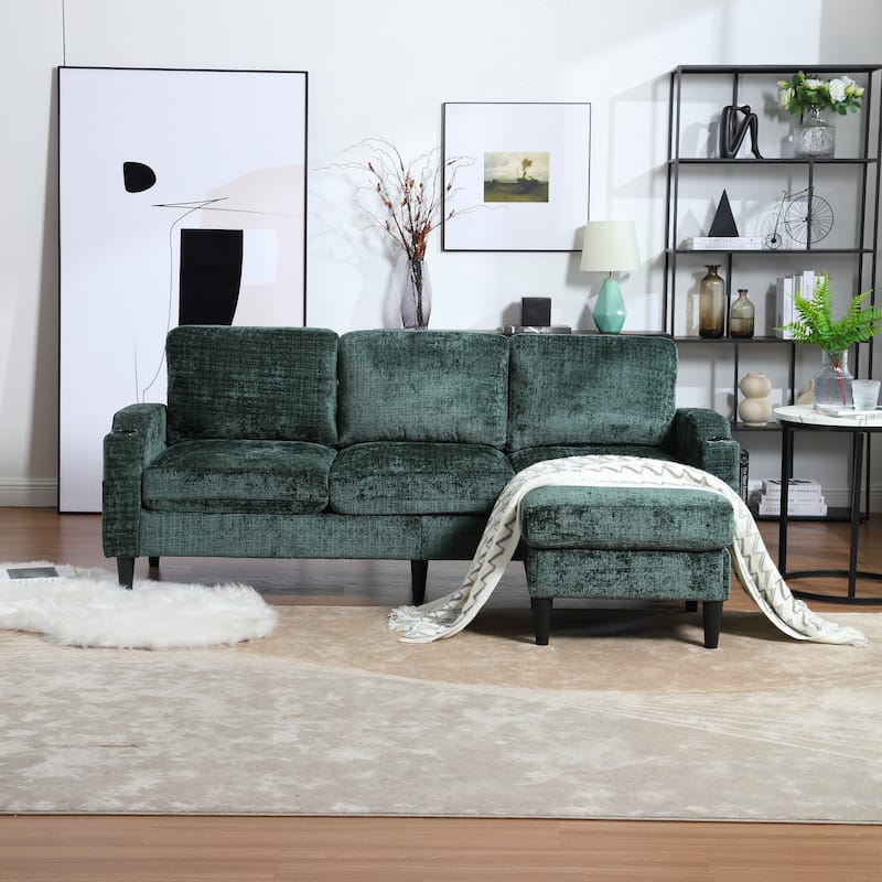 Modular Sectional Sofa with Storage Ottoman, Comfy Chenille Fabric Sofa, 3-Seater Sofa with Side Pockets & 2 Cup Holders - Emerald