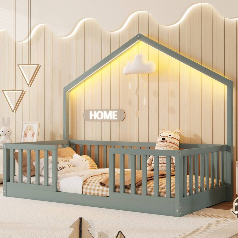 Wooden Floor Bed House-shaped Frame, Montessori Floor Bed with Light and High Rails, Wood Slat Support Floor Daybed