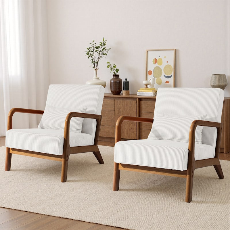 25" W Mid Century Upholstered Wood Accent Chair with Pillow set of 2