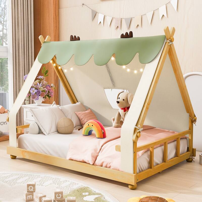 Deer Antler Accents House Bed Tent with Light and Roll-Up Curtain Skylight, Low Platform Bed with Detachable Tent and Roof