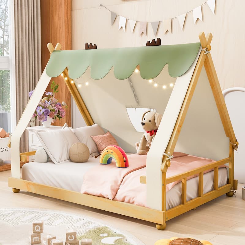 Kids House Bed with Detachable Tent Skylight and Light Features