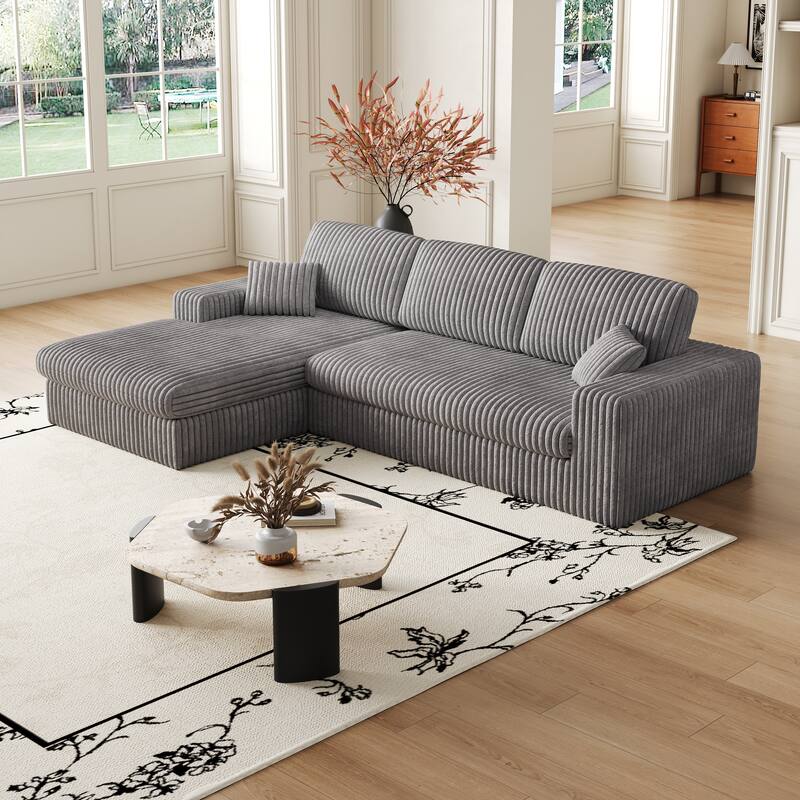 L-Shaped Sectional Sofa with Chaise Lounge, Corduroy Modular Foam Sofa, Upholstered Sofa with 2 Cushion & 2 Throw Pillows
