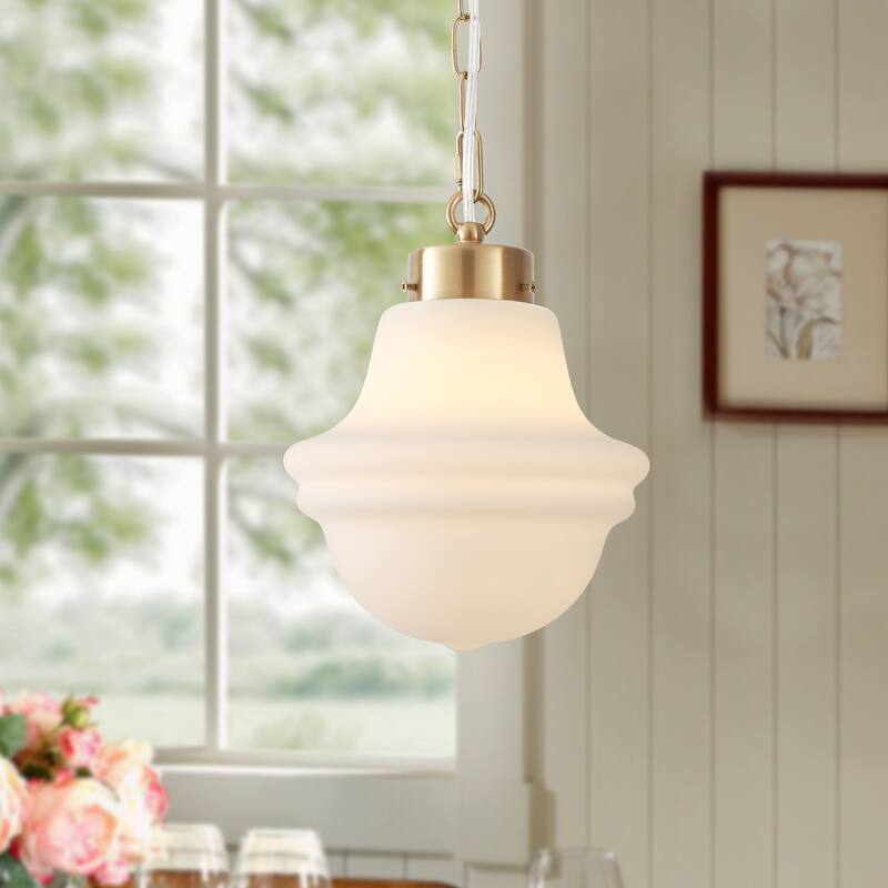 1- Light 8.26'' Wide Dimmable White Milk Glass Pendant - Brass