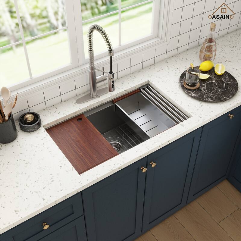 Undermount Single Bowl 16 Gauge Nano Stainless Steel Workstation Kitchen Sink with Pull Down Kitchen Faucet and Accessories