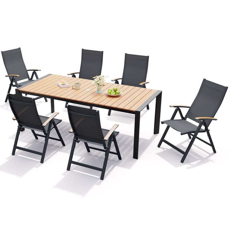 7-Piece Furniture Set Outdoor Patio Dining Table and Folding Chairs - Brown