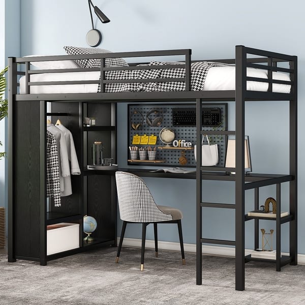 slide 2 of 12, Twin XL Size Loft Bed Frame with Built-in Wardrobe, Metal Loft Bed with Desk and Storage Shelves, Black Black