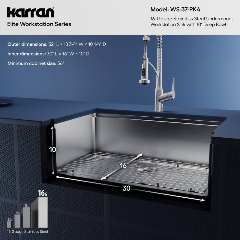 Elite 32" Undermount Workstation 16 Gauge Single Bowl Stainless Steel Kitchen Sink with Scottsdale Pull-Down Faucet