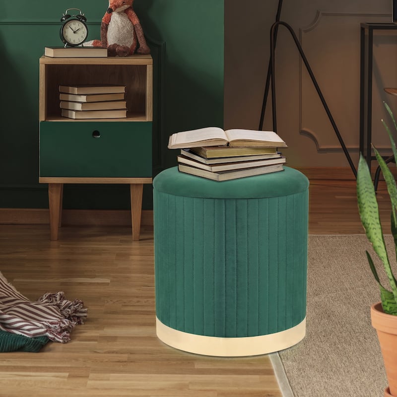 Adeco Round Velvet Storage Ottoman Vanity Stool Footstool (Pack of 2)