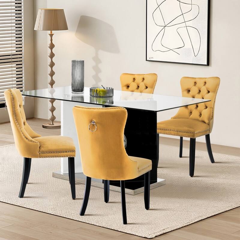 Solid Wood Velvet Upholstered Dining Chair Set of 4 - Gold