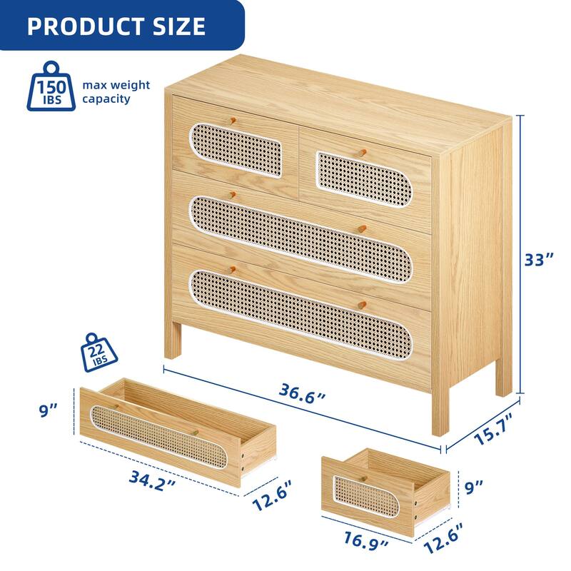 Moasis 4-6-Drawer Dresser Chest Drawer Storage Cabinet Rattan Wood Closet