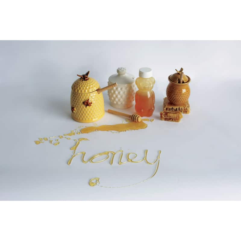 White Ceramic Hobnail Style Honey Jar with Lid & Wood Dipper (Set of 2 Pieces)