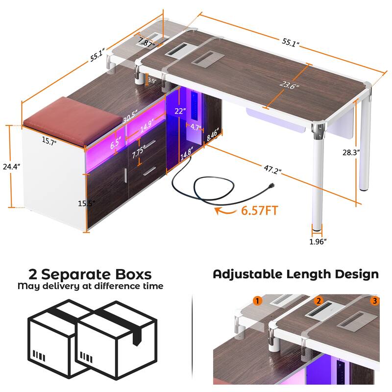 L Shaped Desk with File Cabinet and Power Strip, Reversible Corner Office Desk with LED Lights