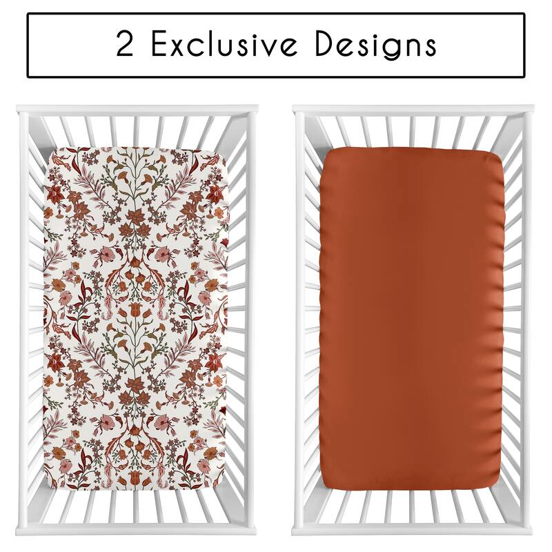 Sweet Jojo Designs Ivory & Orange Boho Vintage Floral Girl 2 Pack Fitted Crib Sheets -Solid Rust & Bohemian Wildflower Botanical