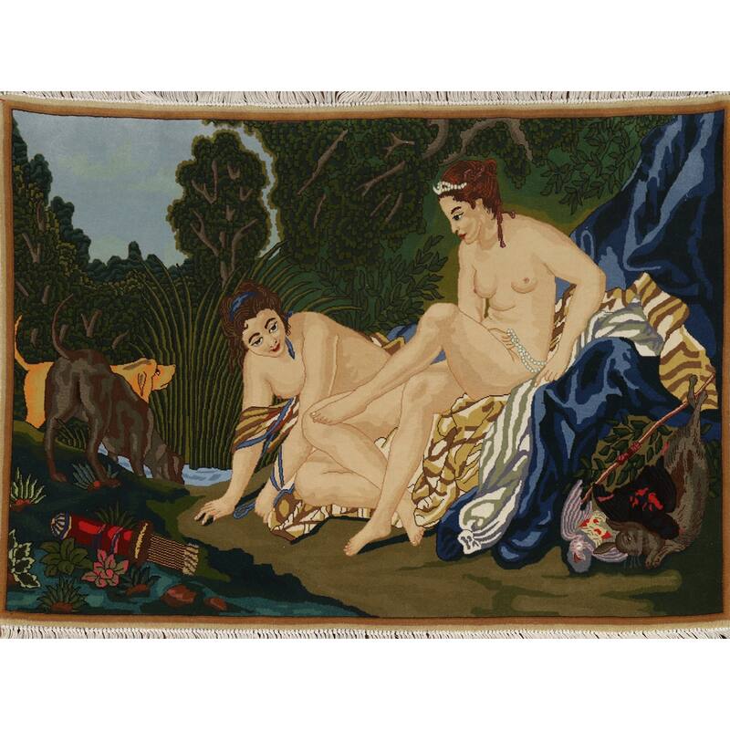 Hand Knotted Oriental 100% Wool Carpet Traditional Pictorial Multi-Colored Tabriz Area Rug - 4' 3'' X 3' 2''