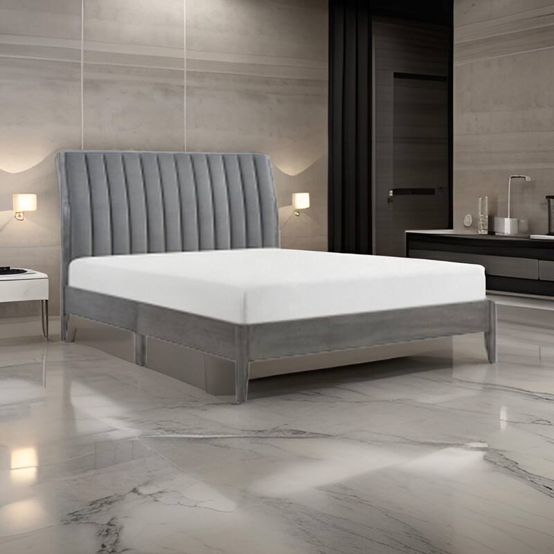 Queen Size Platform Bed, Channel Tufted Upholstered Back, Gray Velvet