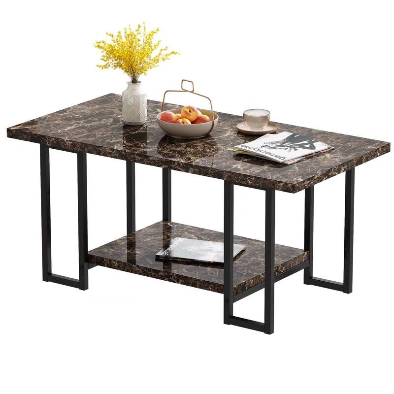 2 -Tier Rectangle Coffee Table, Black Base and Faux Marble Table top for Living Room, Double Metal Leg Design