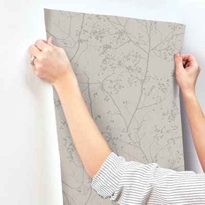 Grant Gray/Silver Short Fiber Non-Woven Unpasted Botanical Luminous Branches Wallpaper Covers about 60.75 sq. ft.