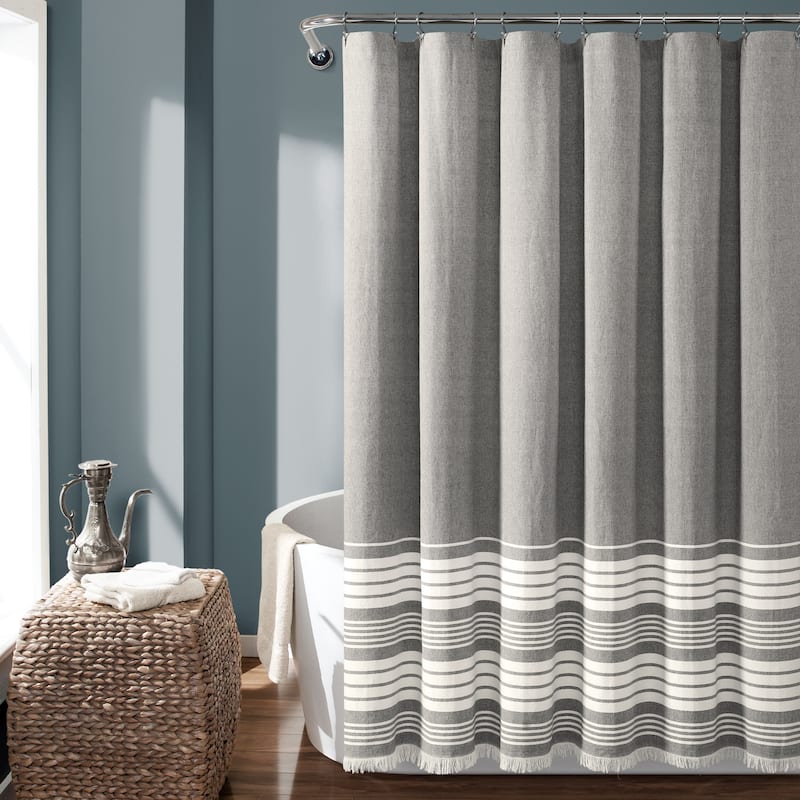 Lush Decor Nantucket Yarn Dyed Cotton Tassel Fringe Shower Curtain - Gray