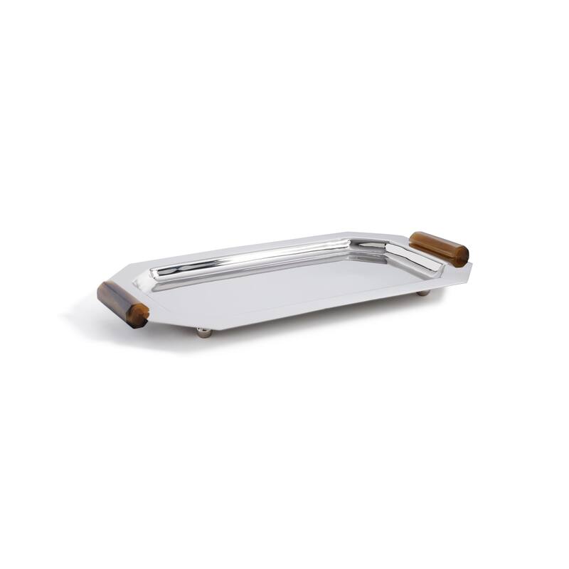 Polished Octagon Metal Serving Trays with Horn Handles - Nickel - Small