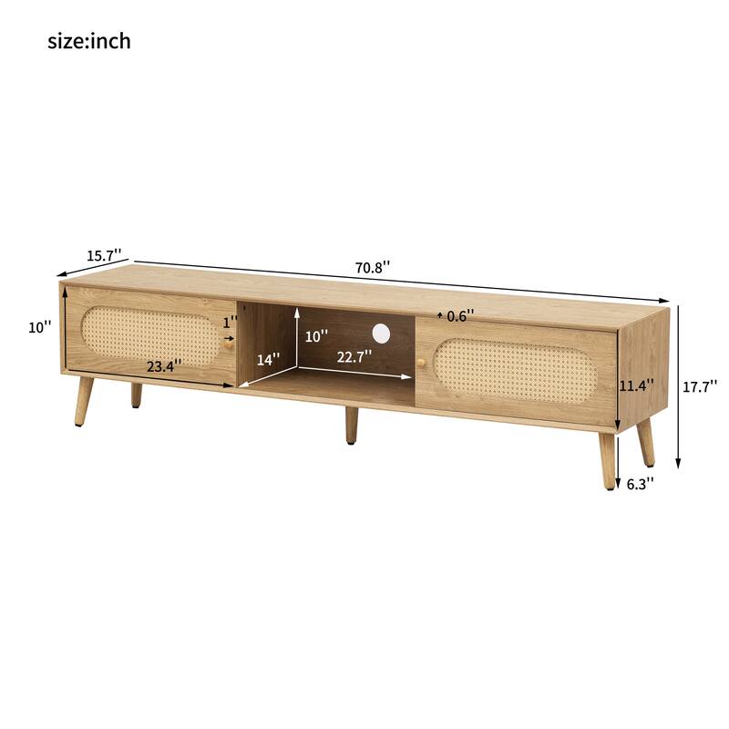 Roomfitters Boho TV Stand for 80" TVs, Farmhouse Media Console with Wood Legs, Entertainment Unit for Living Room, Natural