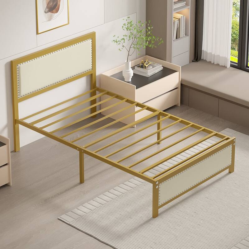 Metal Bed Frame with Linen Upholstered Nailhead Headboard, Platform Bed with 12.6" Under Bed Storage, No Box Spring Needed