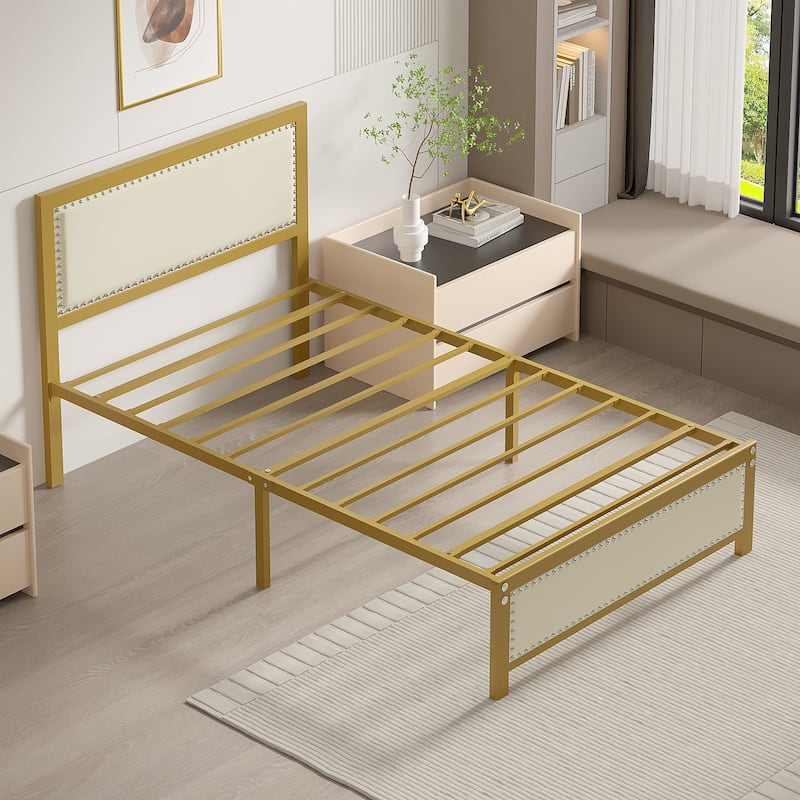 VECELO Bed Frame with Upholstered Linen Headboard and Footboard Heavy-Duty Platform with Strong Metal Slats