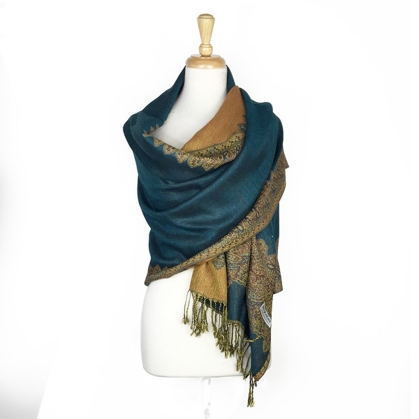 Pashmina Shawl Scarf Wrap Border Pattern Double Layered Reversible - Beige - 28" x 70"