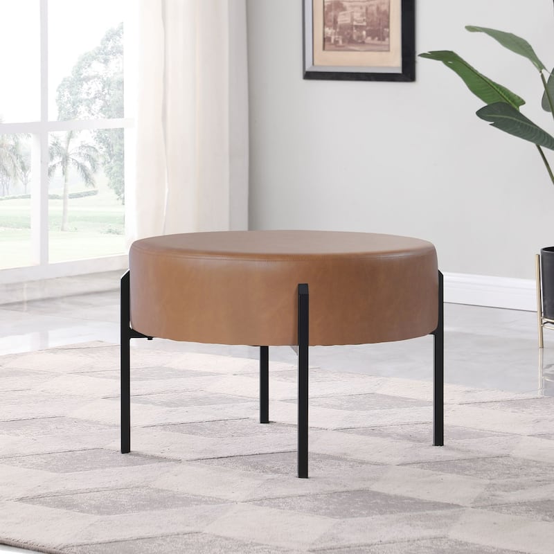 HomePop Modern Round Ottoman - Carmel Faux Leather