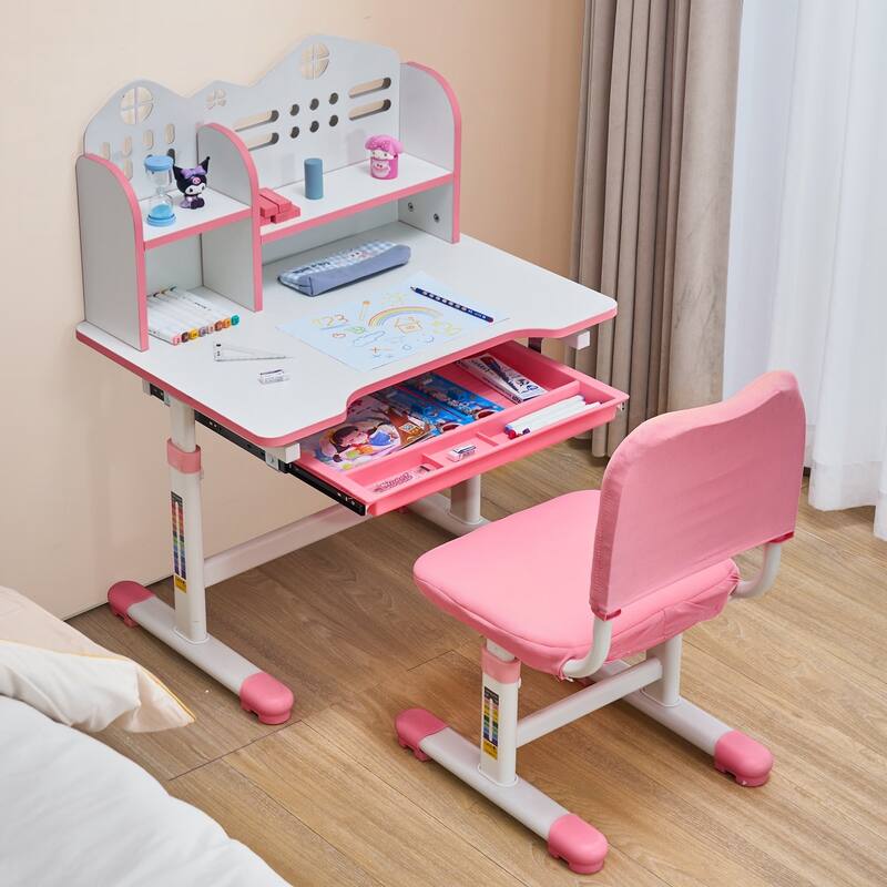 Pink Height Adjustable Kids Study Chair and Desk with Bookshelf and Drawer - 27.56 x 19.69 x (20.87 - 27.95) in