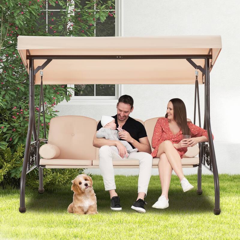 3-Seat Outdoor Porch Swing with Adjustable Canopy & Stand, Convertible Bed, All-Weather, Thickened Cushions & Cup Holders