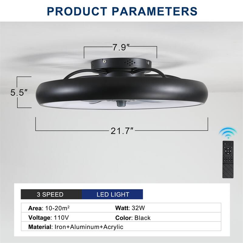 22-inch Modern ABS 5-blade Low Profile Ceiling Fan with Light