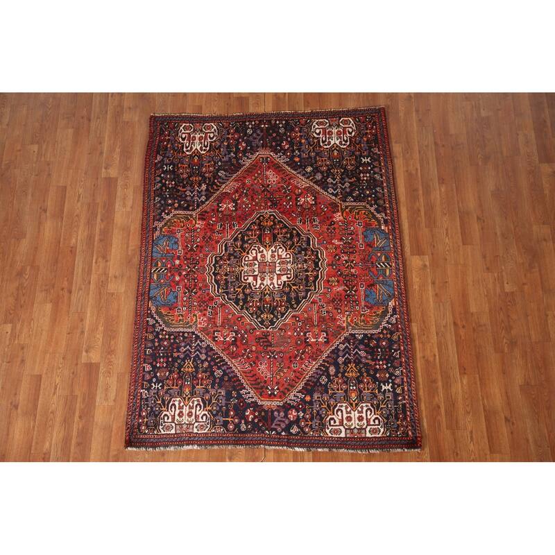 Vegetable Dye Shiraz Persian Antique Area Rug Handmade Wool Carpet - 4'3"x 5'10"