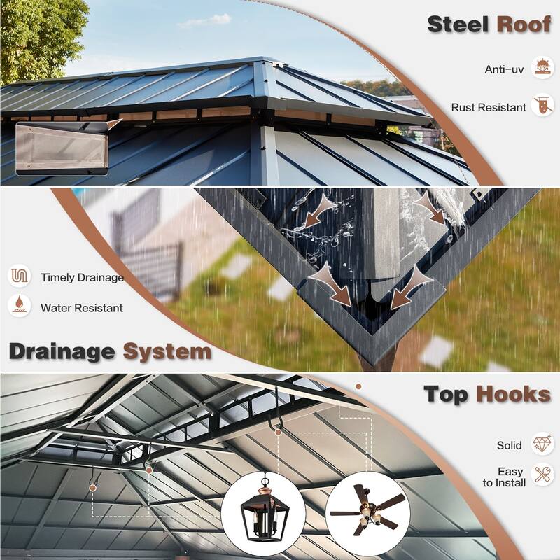 EROMMY Hardtop Gazebo Metal Gazebo with Faux Wood Grain Aluminum Frame, Outdoor Patio Gazebo Pergola