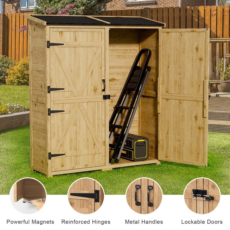 Outdoor Storage Cabinet with Waterproof Roof, Double Lockable Doors Garden Shed with 2 Removable Shelves