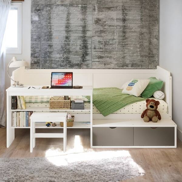 slide 2 of 17, Wooden Multi-functional Twin Size Daybed with 2 Drawers & Storage Shelf White