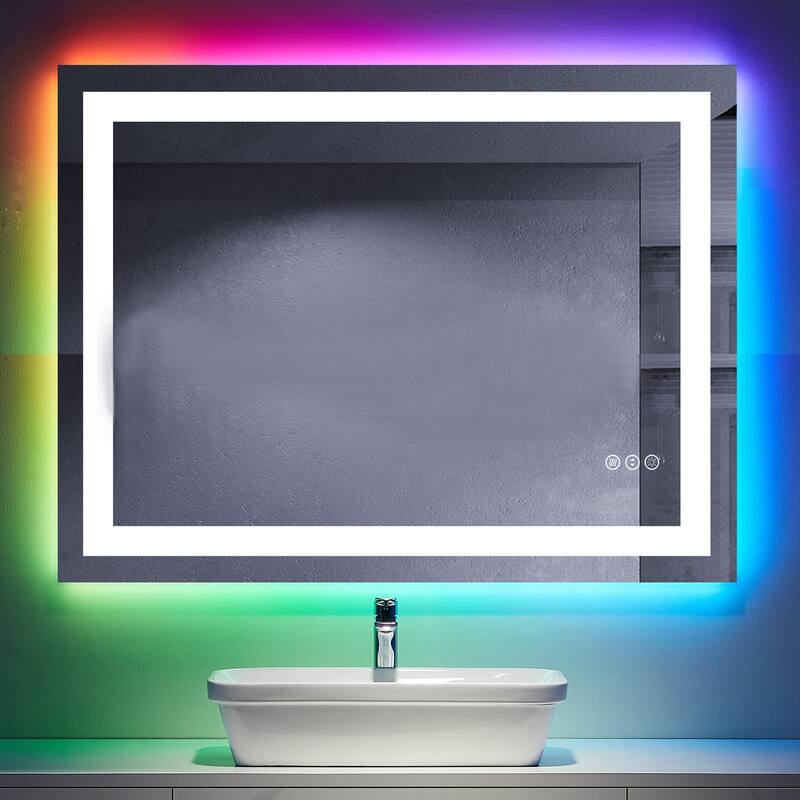 KIOTEE Rectangular LED Frontlit & RGB Backlit Anti-Fog Tempered Glass Bathroom Vanity Mirror with ETL and 3-Year Warranty - 40x32