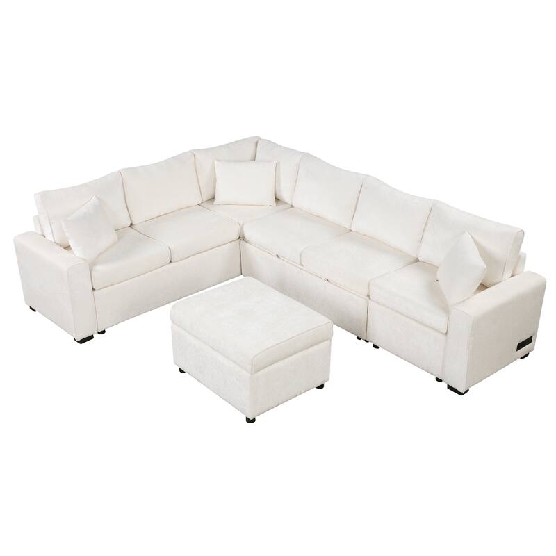112.2" Sectional Pull-out Sofa Bed with Storage, Pillows & Chargers, Cream Chenille
