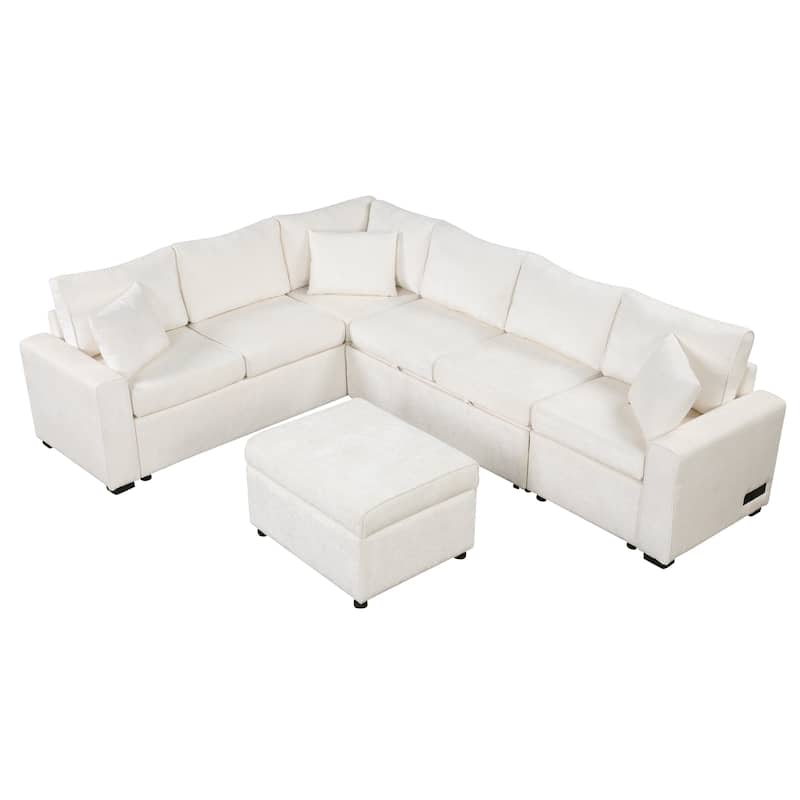 Roomfitters Sectional Sofa Pull-Out Bed Sleeper with Storage Ottoman, Three Pillows, and Built-In Charging Devices