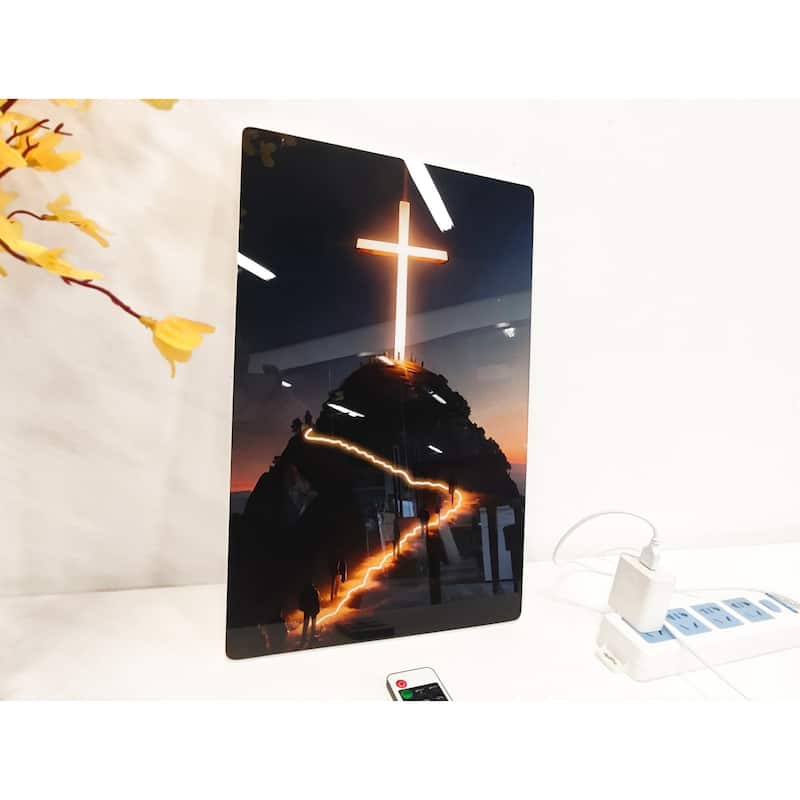 Christian Cross LED Wall Art - Acrylic UV Printed Light Up Religious Picture with Remote Control