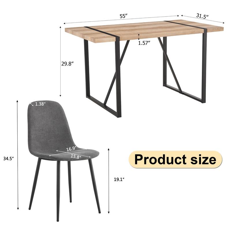 Wood Dining Table and Chair Set Modern 5-Piece Rectangular Dining Table Set with 4 Linen Chairs, Kitchen Dining Set for 4