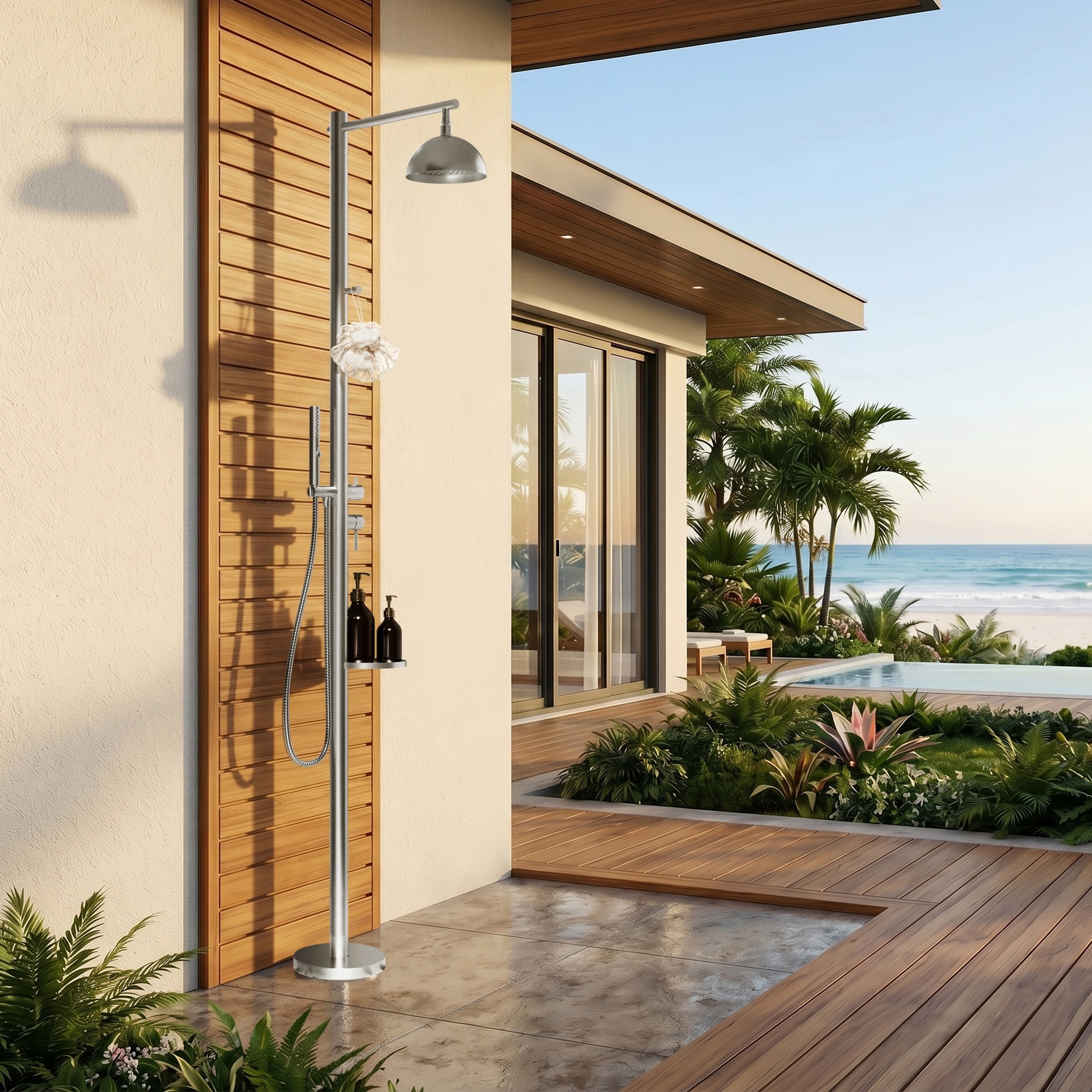 83''H Freestanding Outdoor Shower System 304 Stainless Steel Pool Faucet with Handheld & Shelf, Brushed Nickel