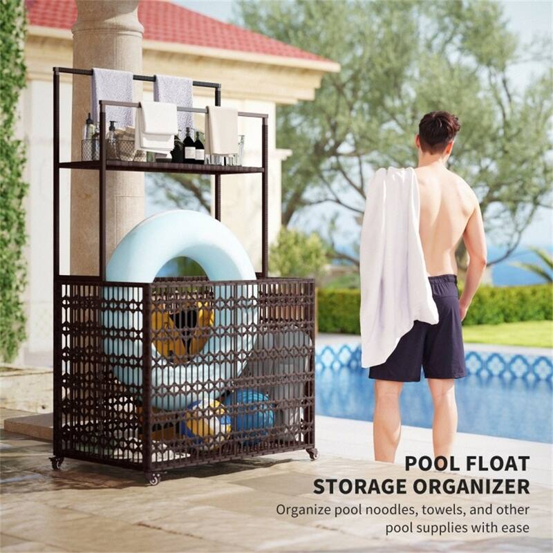 Mixed-Brown PE Rattan Pool Storage Basket with Steel Frame and Wheels - 34.6" W x 22.8" D x 59.4" H