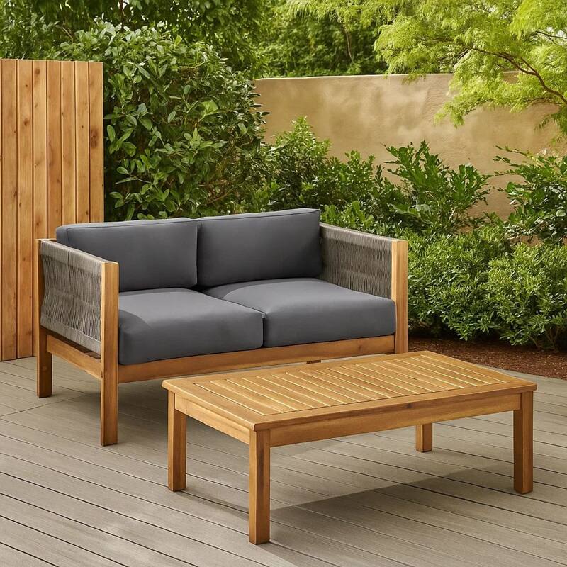 2pc Outdoor Loveseat Coffee Table Set, Brown Acacia Wood, Dark Gray