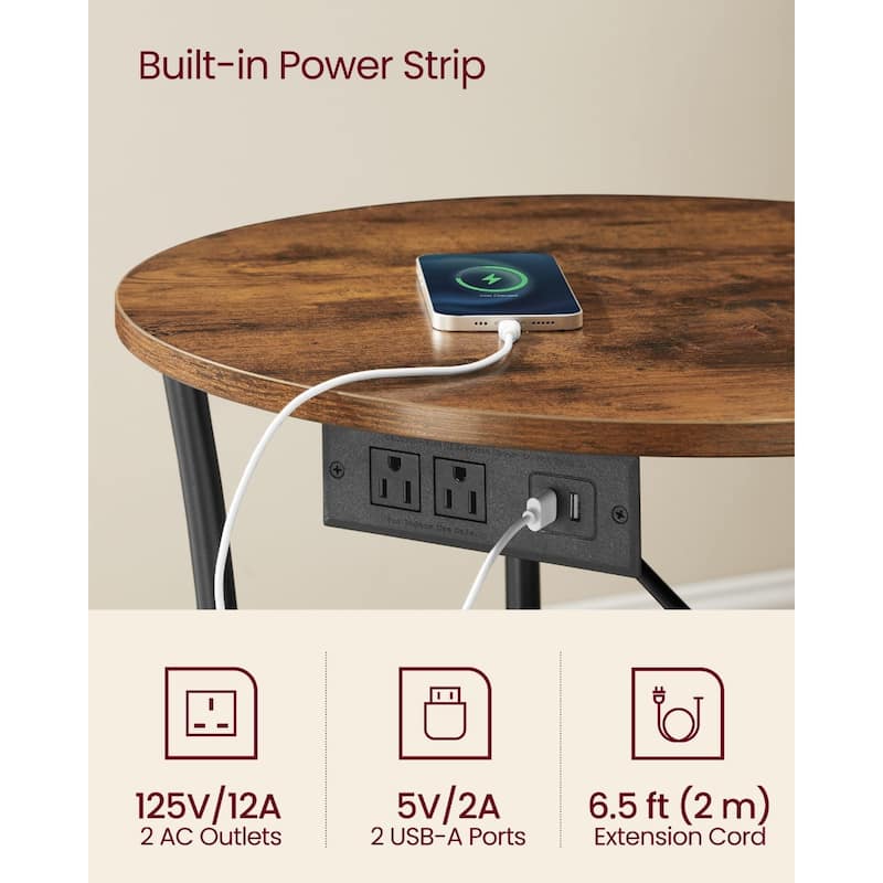 Metal Wood Round Side Table with USB Ports and 2 Tier Storage - 21.7"D x 21.7"W x 21.7"H