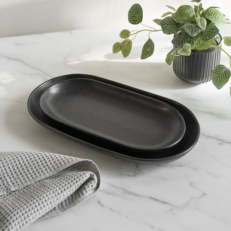 Sango Anderson Black Large Ceramic Serving Platters Set of 2, 14/12 Inch