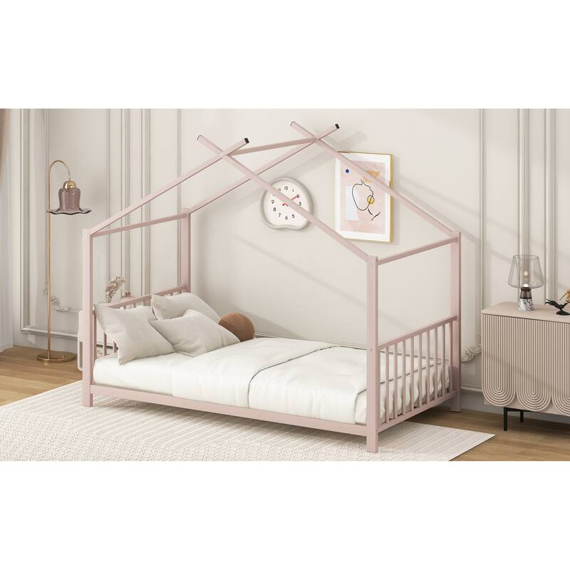 Roomfitters Twin Size House Bed, Modern Metal Floor Bed Frame with Roof, Sleek Scandi Style Sleep Space, Pink